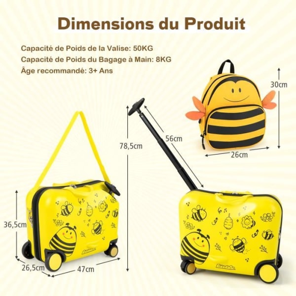 COSTWAY barnväska på hjul 18” med 12” ryggsäck, vattentäta skalhjul, infällbart handtag, Bee, 3 år+, gul