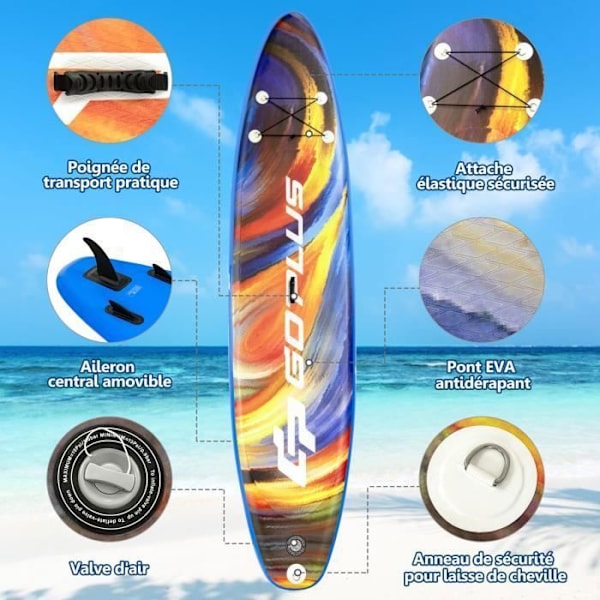 COSTWAY Oppustelig Stand Up Paddle Board 335x76x15CM PVC med Justerbar Paddle 160-210 CM Aftagelig Finn Manuel Pump Sky Style