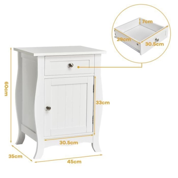 COSTWAY Sidobord i trä, fristående nattduksbord med låda och skåp, 45 x 35 x 60 cm, för vardagsrum, sovrum, hall, vit