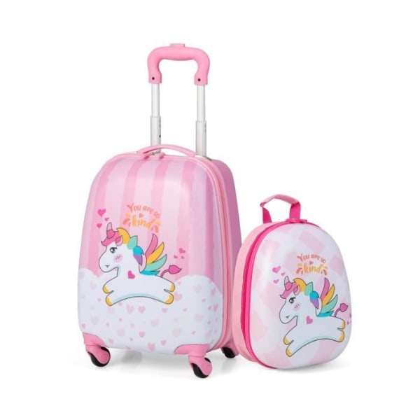 COSTWAY 16'' resväska + 12'' ryggsäck Rosa rullbagage för barn hjulvagn med enhörningsmönster för flickor