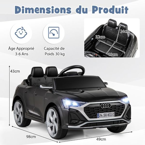 Elbil til børn COSTWAY Audi License Fjernbetjening & Lys & Musik 3 Speeds Soft Start 98x49x43CM Sort