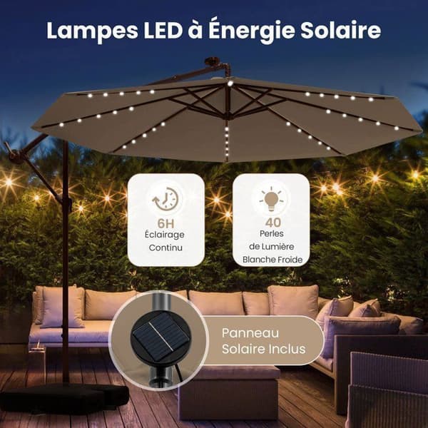 COSTWAY 3M Offset Parasoll med 40 LED-ljus Solpanel 6 Timmar, Cross Base Sandsäck Polyestertyg UV 20+ Brun brun