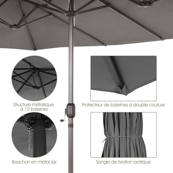 COSTWAY Parasol Dubbel Trädgård XXL - 470x280x245 cm, 12 Spikar, Vevarsystem, Metallram, Polyesterduk, Mörkgrå