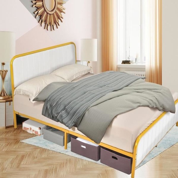 COSTWAY Vuxen dubbelsäng 140 x 200 CM med guldmetallram, skandinavisk sängram/struktur med stoppad sänggavel