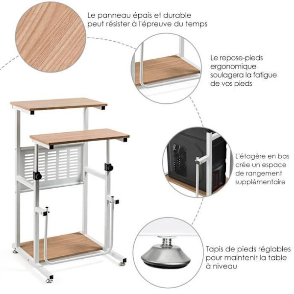 COSTWAY Højdejusterbart sidde-stående computerbord, arbejdsstation med printerstativ, fodstøtte, 55x53x68-98cm Naturlig