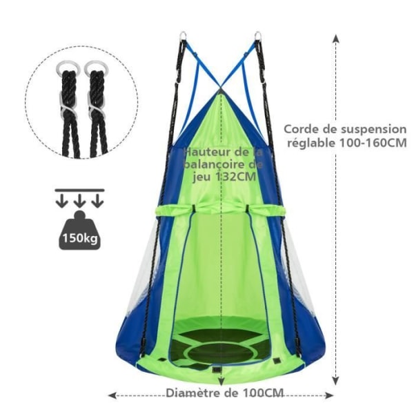 COSTWAY Nest Gunga med tält Ø100CM-Max belastning 150KG-Justerbar längd (100-180CM) för barn och vuxna i grönt Oxford-tyg blått och grönt