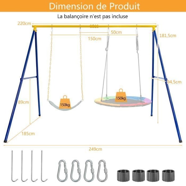 COSTWAY 300 KG Ladda A-formad gungställning för barn med 2 sätt att hänga ankare 249x185x181,5 cm Flerfärgad