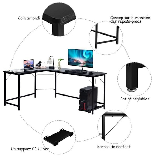 COSTWAY Stort hörnskrivbord L168 x B125 x H74CM - Upp till 3 datorer med CPU-stöd Industriell stil, metallstruktur l Svart Svart