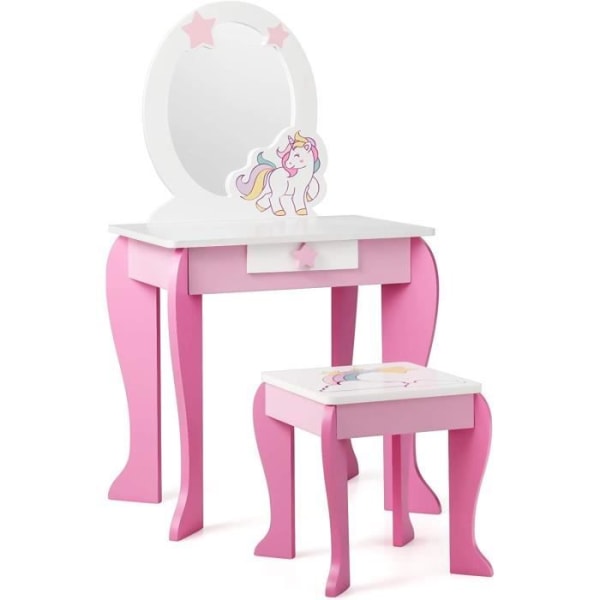 COSTWAY Sminkbord för barn Sminkbord med pall, löstagbar spegel och 1 förvaringslåda i Princess Style