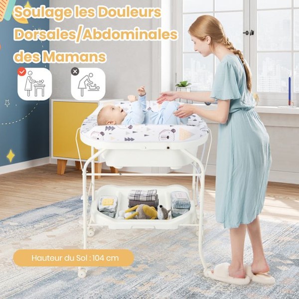 COSTWAY Babyskiftebord-Badekar 20L 4 i 1 Sammenklappelig med 4 Hjul, 1m Rør, Opbevaringsbakke PVC Vandtæt Pude 35Kg Hvid