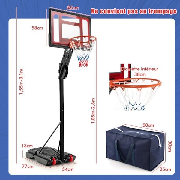 COSTWAY Fritstående Basketball Hoop 105-260cm Justerbar Højde-82cm Backboard-2 Hjul-35L Vandfyldbar Base-Udendørs