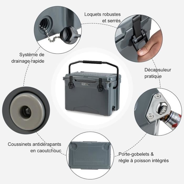 COSTWAY bærbar køler 21L-Uovertruffen isolering-Kold 5 til 7 dage-Aluminiumshåndtag-Kopholder-Lineal-Flaskeåbner-Kul