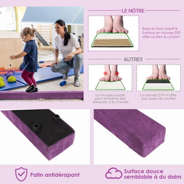 COSTWAY: Taitettava voimistelupalkki 210 cm lapsille kantokahvalla 4 liukumatonta pehmustetta violetti mokkanahkapäällinen Lila