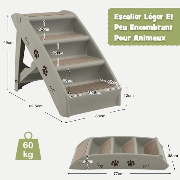 COSTWAY Trapper til Hunde/Katte Folde 4 Plasttrin Belastning 60KG 62,5x38x49CM Blødt filt og skridsikre puder Grå