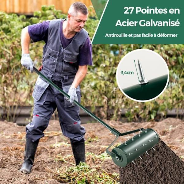 COSTWAY Manuel Scarifier 45 cm-Tandspidser-Aftageligt håndtag 130 cm-Tromle fyldt med 5,5 L sand, sten-plænelufter Grön
