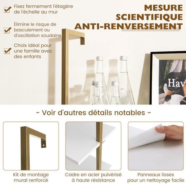 COSTWAY Væghylde med 5 niveauer 60 x 30 x 180 CM, Stige Bibliotek med Skridsikre Fødder og Struktur i Guld Stål