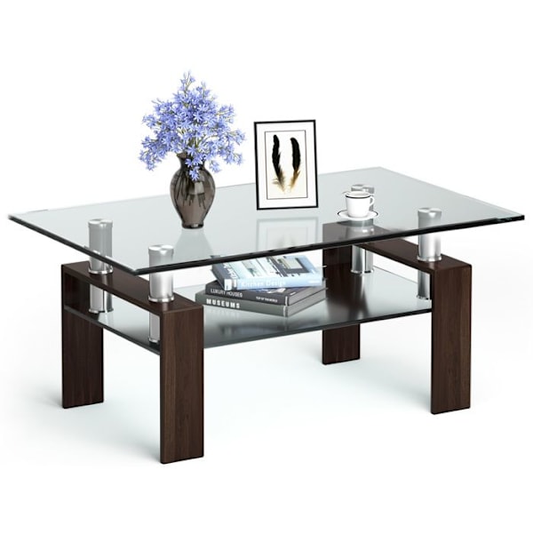 COSTWAY Sofabord med 2 Niveauer, Rektangulært Bord med Hylde, Tempereret Glasplade, Stålben, 99x60x44,5CM, Brun Brun