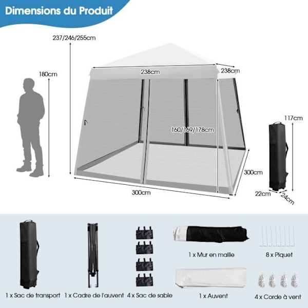 COSTWAY Instant Folding Barnum Gazebo 3x3m - Mesh sidoväggar - Lutande ben - Hjulförsedd väska - Höjdjusterbar - Vit Vit