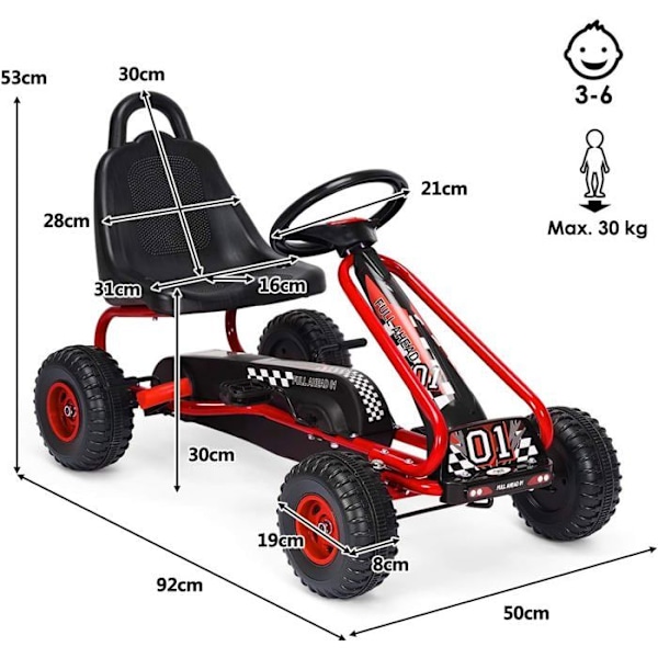 COSTWAY Go Kart lasten pyörän ja ajoneuvon säädettävä istuin käsijarrulla ulkokäyttöön, 3-6 vuotta, punainen Röd