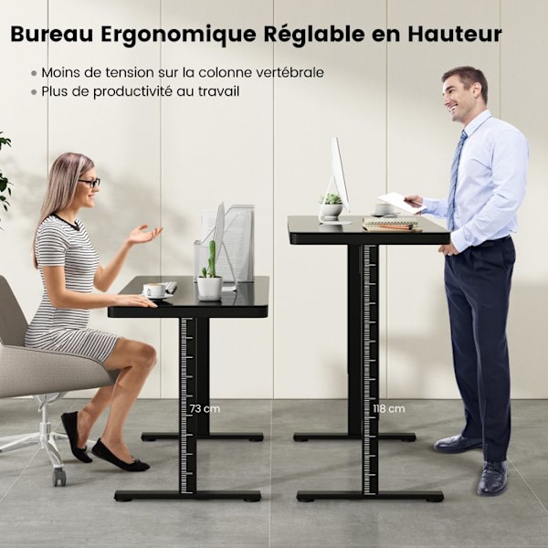 COSTWAY elektrisk sidde-stå skrivebord 120x60x73-118CM skuffe, justerbar højde, hærdet glas top, USB Type-C stik, sort Svart vit