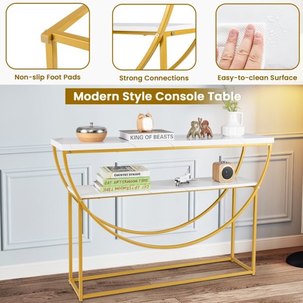 COSTWAY Konsolbord i Marmor Effekt med 2 Niveauer - Metalramme i Guld i Moderne Skandinavisk Stil 120 x 30 x 80,5 cm (L x B x H)