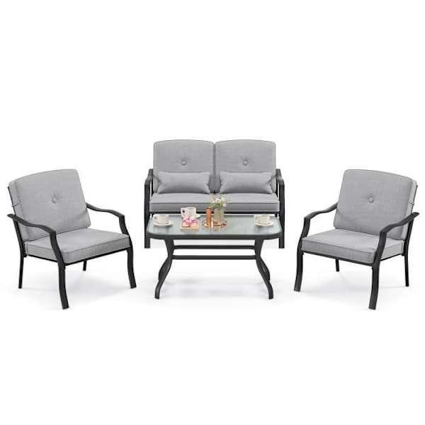 COSTWAY 4 stk Metalhavemøbler - Sofabord af hærdet glas, 2 enkeltstole, dobbeltsofa, 4 hynder, 2 puder - Grå