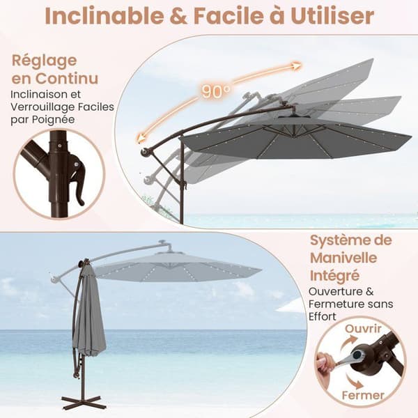 Parasol Déporté 40 LEDs 3M - COSTWAY - Bas Croisé Sac de Sable - Tissu Polyester UV 20+ Grå - Solpanel 6 Timmar Grå