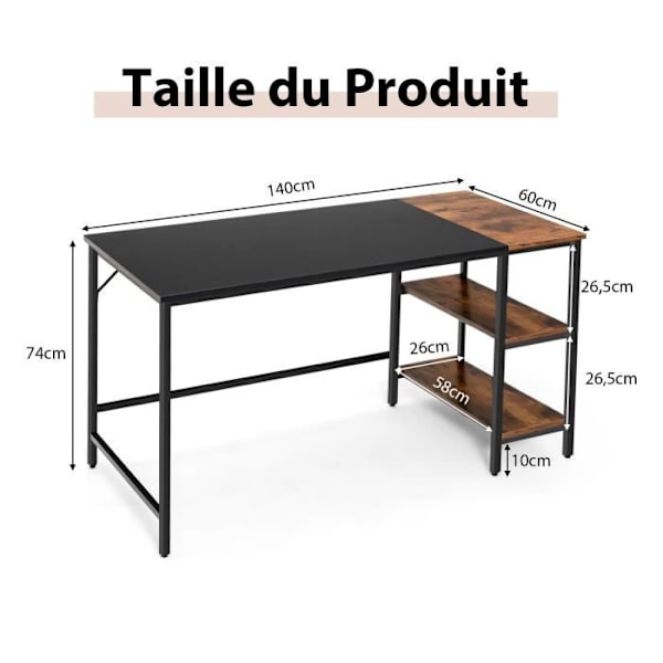 COSTWAY Stort industridatorbord, 140 x 60 x 74 cm, med förvaringshyllor, stålram, skarvbräda Svart + Rustik Brun