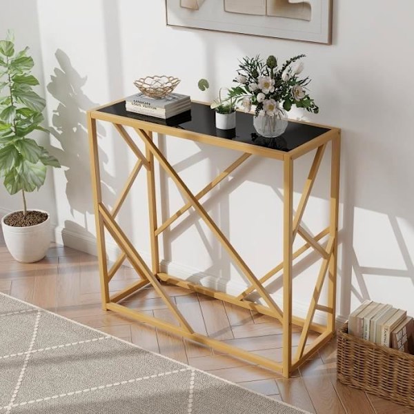 Konsolbord - COSTWAY - Entrémøbler, sort hærdet glasplade, guldmetalstel 80 x 30 x 75 CM, geometrisk design