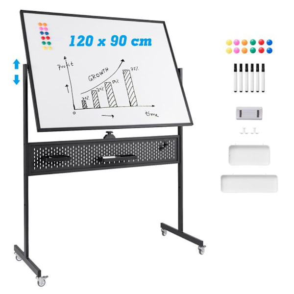 Mobil magnetisk tavle 120 x 90 cm COSTWAY - Dry Erase - Dobbeltsidet 360° - Pegboard og tilbehør - 2 højder - Sort