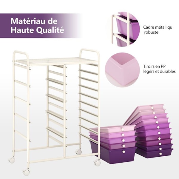 Rullebord COSTWAY-15 Aftagelige Skuffer-4 Hjul (2 med Bremse)-63 x 37 x 87 CM-A4 og Brev- lilla