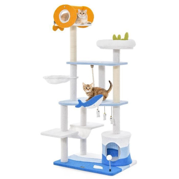 COSTWAY Cat Tree 168 CM - Asunto, raapimistolpat, riippuvat pommit, kevätpommit, ahvenet, riippumatto - meriteema