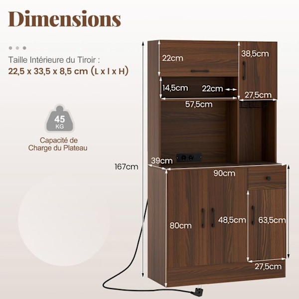 COSTWAY Keittiöbuffet 167 cm, Kaappi, joka voidaan taittaa alas ja sähköpistokkeet, Viinilasi teline, Laatikk, Säädettävät hyllyt