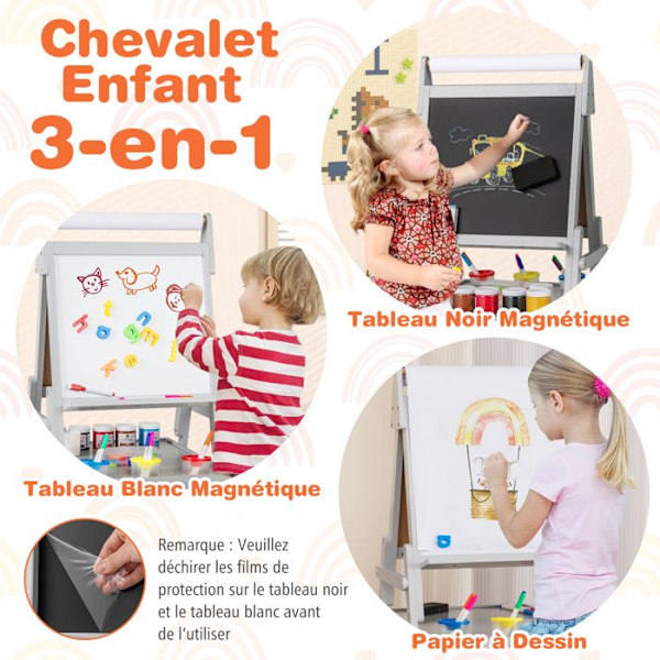 COSTWAY Kunstnerstaffeli 3 i 1 - Magnetisk Tavle i Sort og Hvid, Papirrulle & 2 Stofbakker til Børn 3-6 År Grå Grå