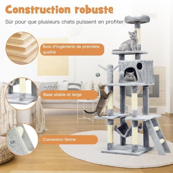 COSTWAY 167 cm Kattträd med våningsplan med stor kennel med hög abborre, hängmatta och plysch klorstolpar ljusgrå