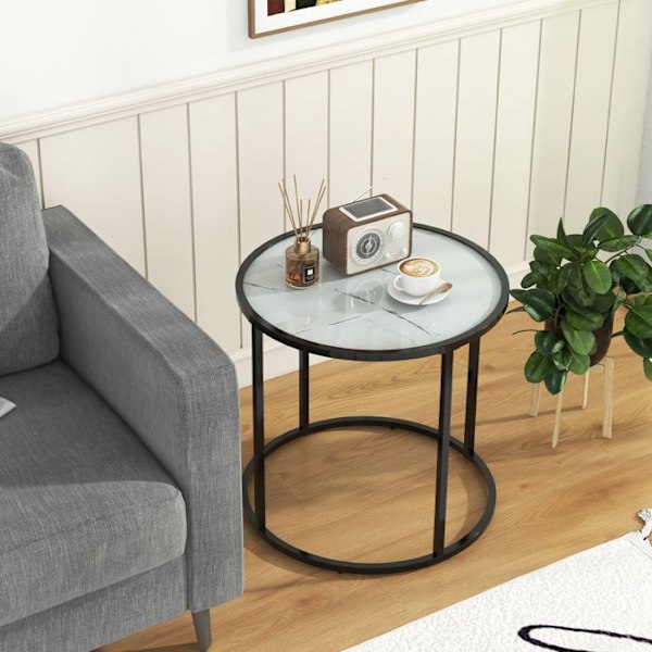 COSTWAY 50 cm runt sidobord i glas med metallram, imitation av marmorglasskiva, modernt för vardagsrum, sovrum