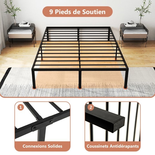 COSTWAY Queen Bed 140 x 200 cm, Metallitasoinen sängyn runko, Jalusta rautaisella säletuella, Sängyn alla säilytystilaa