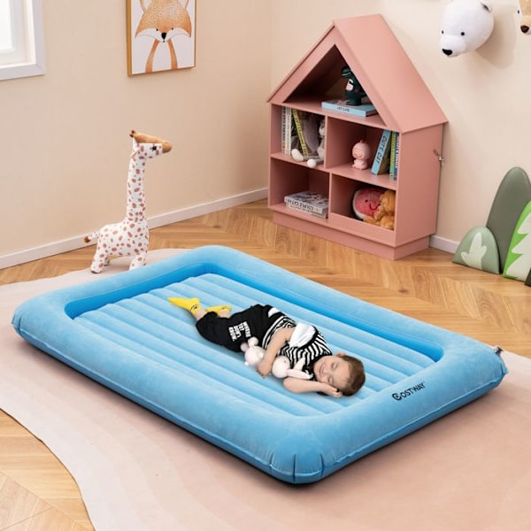 COSTWAY Irrotettava Ilmatäytteinen Patja 165x118x20cm Lasten Matkavuode Monikäyttöinen PVC:stä, Flokkipintainen Sähkökäyttöinen Pumppu Sininen Blå