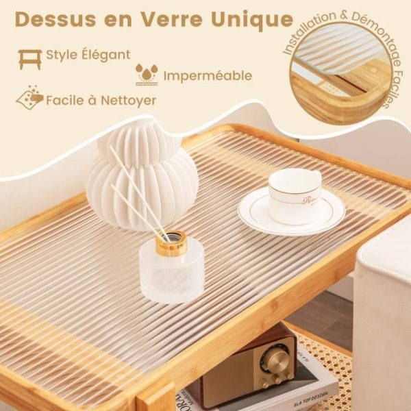 COSTWAY 2 etagers bambus sidebord, med glasplade, PE rattanhylde, 70,5 x 44,5 x 54,5 cm, naturlig, til stuen Naturlig