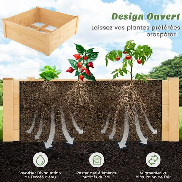 COSTWAY Gran Wood Utomhus fyrkantig planteringslåda för grönsaker med skyddande staket och odlingsgaller, för blomma grönsaksfrukt