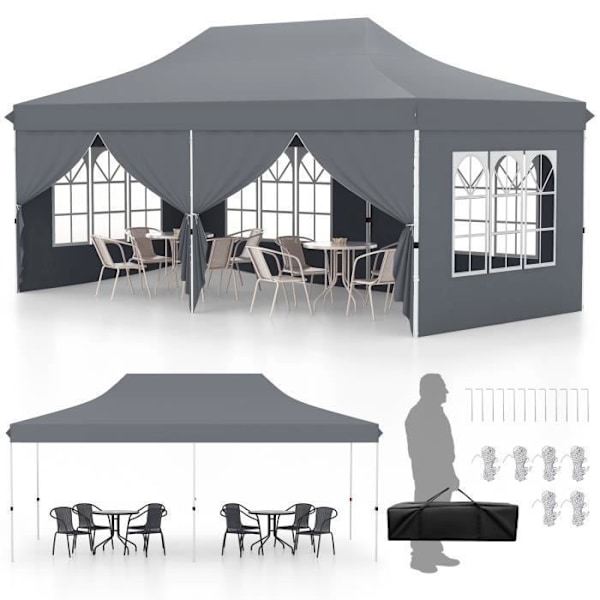 Ulkoilmateltta - COSTWAY - 3x6M - UPF50+ auringonsuojapinnoite - 6 irrotettavaa sivuseinää Grå