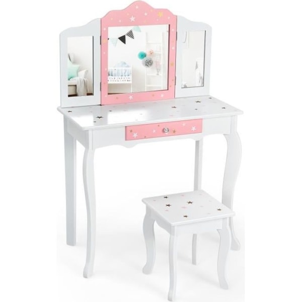 COSTWAY sminkbord och pallset för barn, avtagbar 3-faldig spegel, sminkbord med låda vit