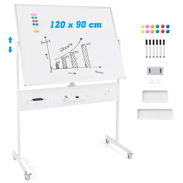 Mobil magnetisk skrivtavla 120 x 90 cm COSTWAY-Dry Erase-Dubbelsidig 360°-Perforerad tavla och tillbehör-2 höjder-Vit