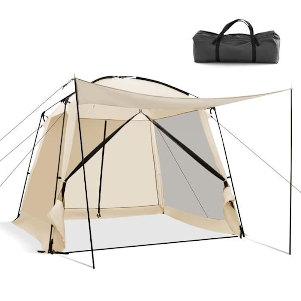 COSTWAY Bærbart campingtelt 6-8 personer 300x300x250 cm - Vestibule, Myggenet, Mesh-dør med lynlås - Vandtæt polyester Beige