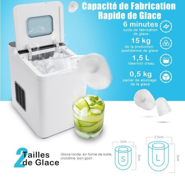 COSTWAY Ice Maker 9 iskuber 15 kg/dag 6 minuters cykel Automatisk rengöring Touch Control Glaslock 1,5 L Vit
