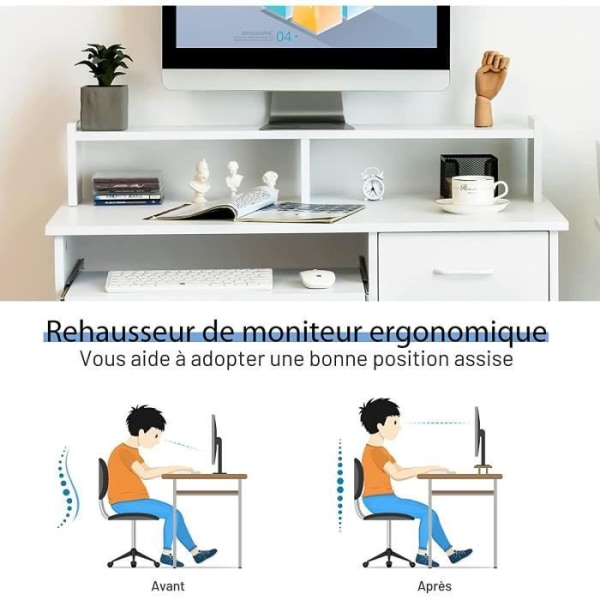 COSTWAY Computer Skrivebord med Skuffe og 2 Opbevaringshylder Computer Skrivebord med Tastatur Bakke Hvid Vit