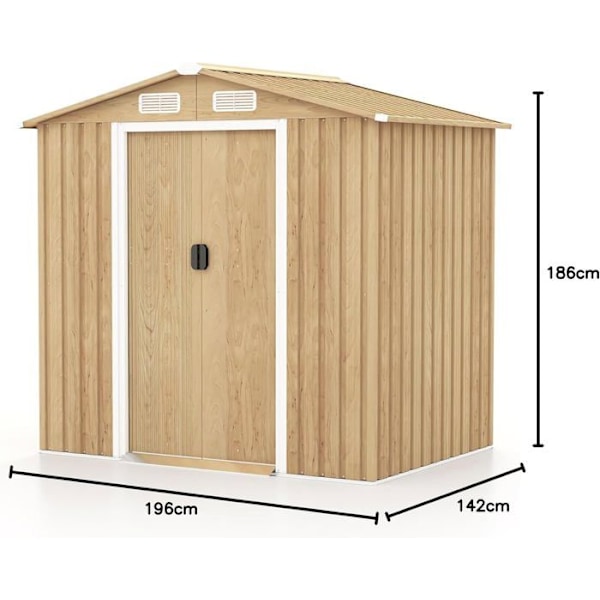 COSTWAY Metal Skur i Galvaniseret Stål 5,18 m3 196 x 142 x 186cm - Skydedøre, Rampe - 4 Ventilation - Farve Træmønster