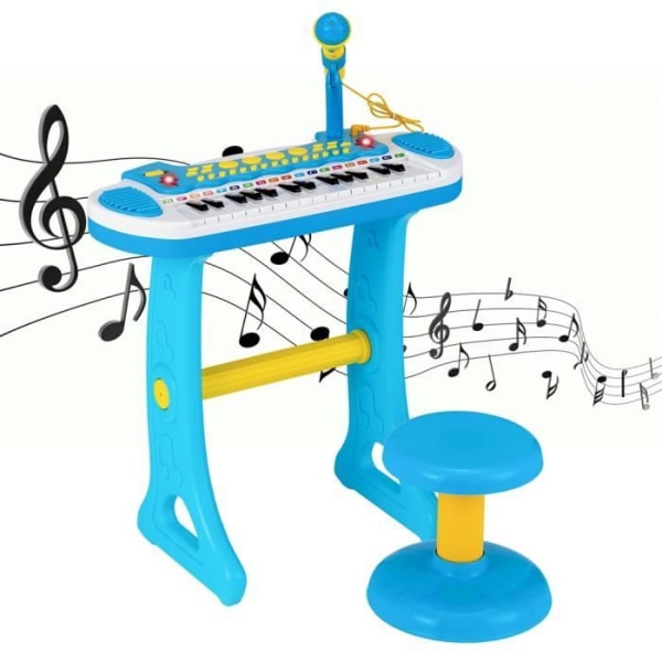 COSTWAY barnpiano för 3+ år med 31 tangenter, pall, mikrofon, ljuseffekter, 8 toner, 7 rytmer, 45x23x45cm, blå