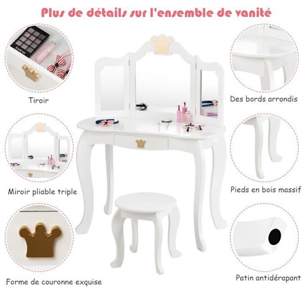 COSTWAY lasten pukeutumispöytä kolminkertaisella peilillä, irrotettava yläosa, jakkara mukana, Pretend Play tytöille Rosa + vit