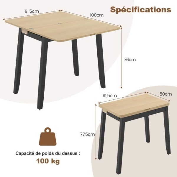 COSTWAY hopfällbart matbord för 4 personer, med dold förvaring och träram av gummi, maxbelastning 45 kg, naturlig